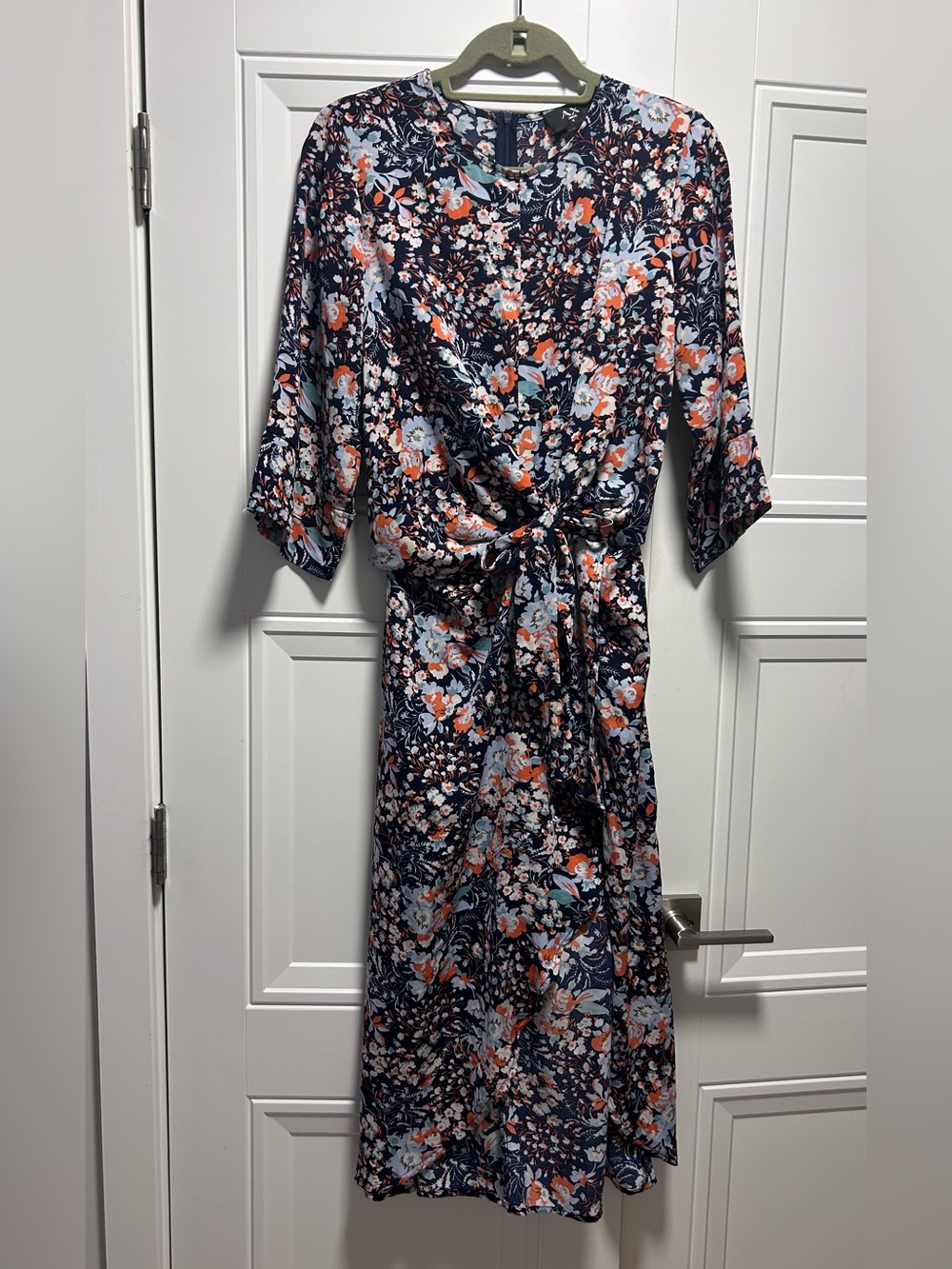 AX Paris Navy Floral Tie Front Midi Dress w. Coral and Light Blue Accents